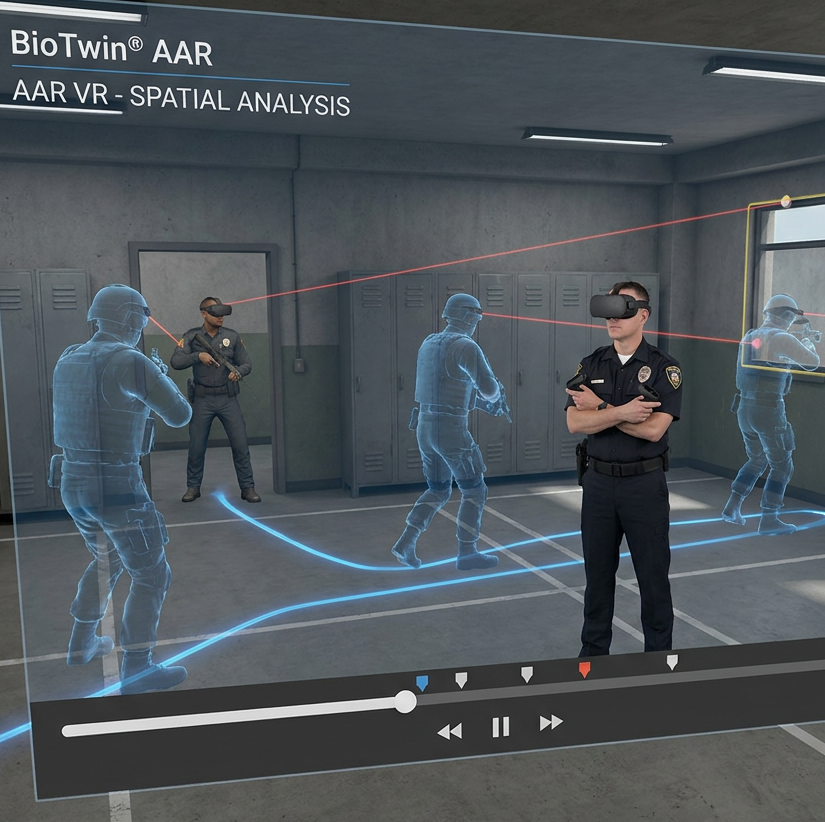 BioTwin AAR VR spatial analysis: 3D replay of a law enforcement training scenario with movement paths, gaze lines and timeline scrubber