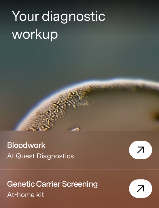 Screen showing diagnostic workup options: Bloodwork at Quest Diagnostics and Genetic Carrier Screening at-home kit.