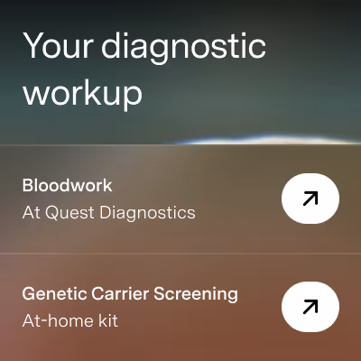 Text listing diagnostic workup options: Bloodwork at Quest Diagnostics and Genetic Carrier Screening at-home kit.