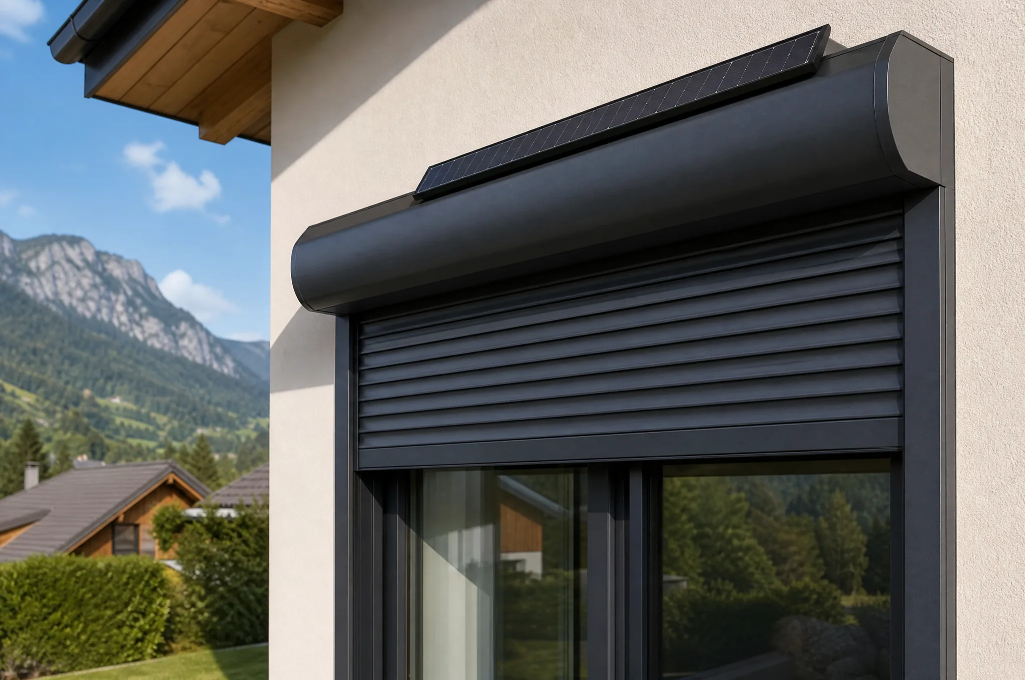 Volet roulant solaire avec petit panneau photovoltaïque sur le coffre
