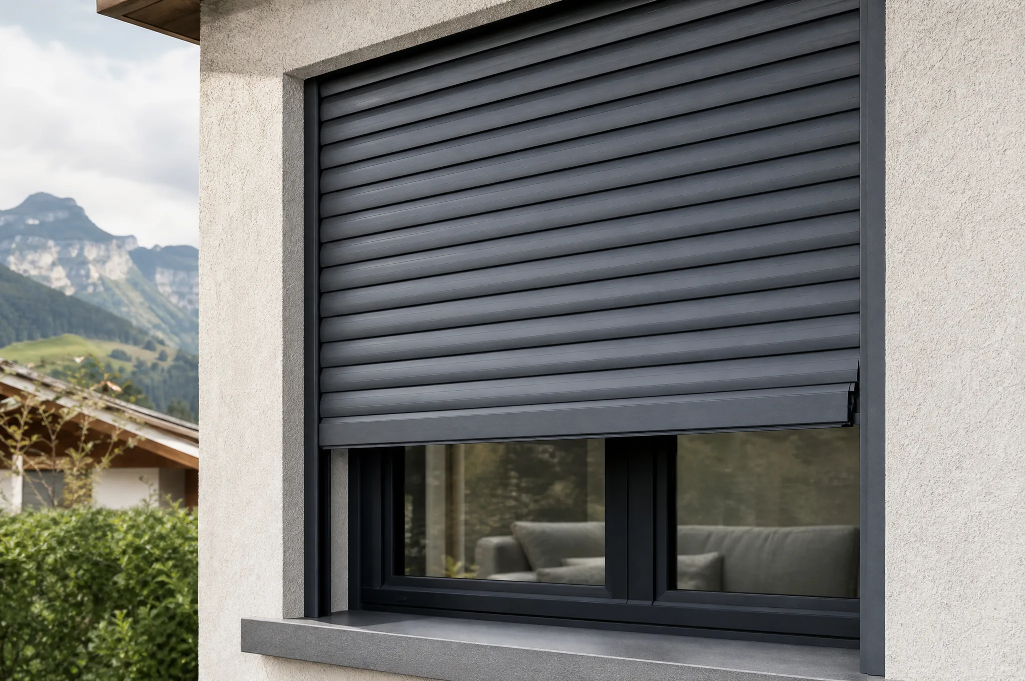 Volet roulant aluminium anthracite à demi descendu sur une fenêtre de maison