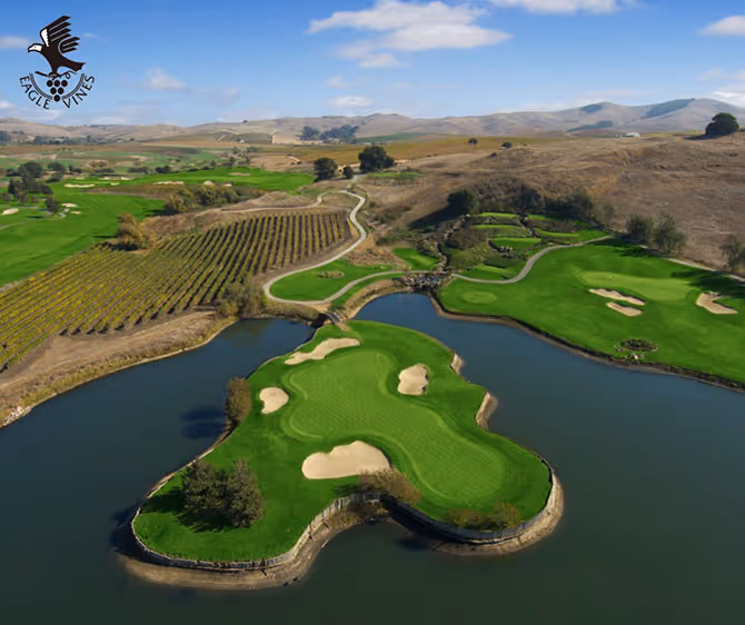 Vineyard-lined fairway and green at Eagle Vines Golf Club in Napa Valley