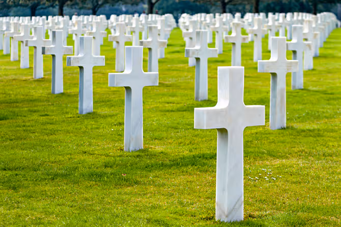 Rows of white grave markers at an American military cemetery overseas