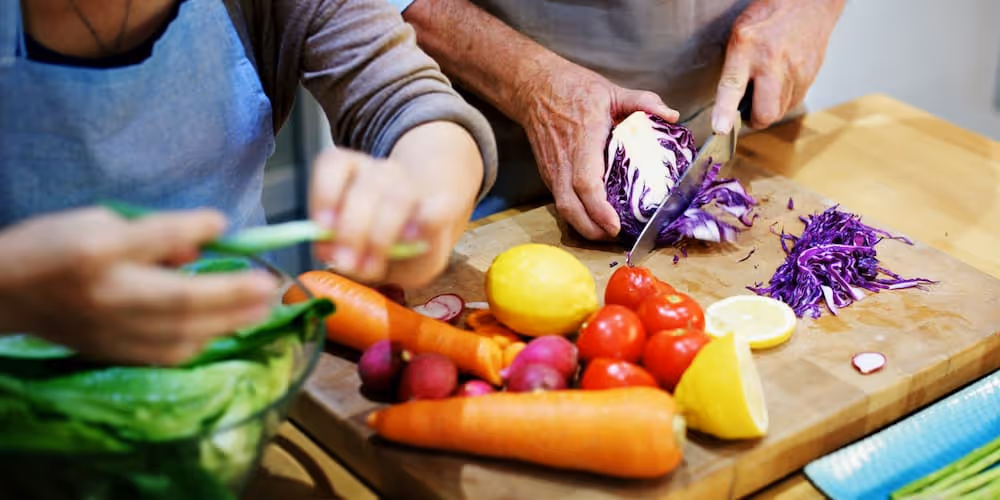 Colorful spread of fresh fruits, vegetables, and healthy foods for seniors