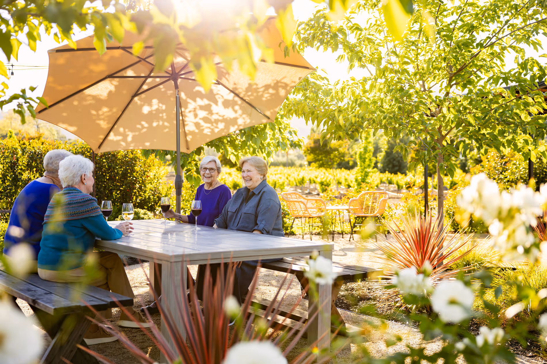 Four elderly women sitting outdoors under an umbrella, enjoying wine and conversation at a picnic table.