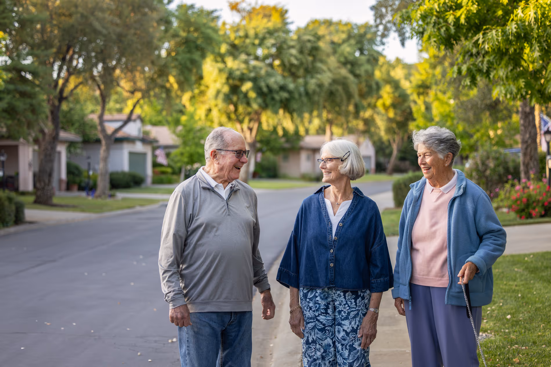 Three smiling elderly people walking and chatting on a suburban street with trees and houses.