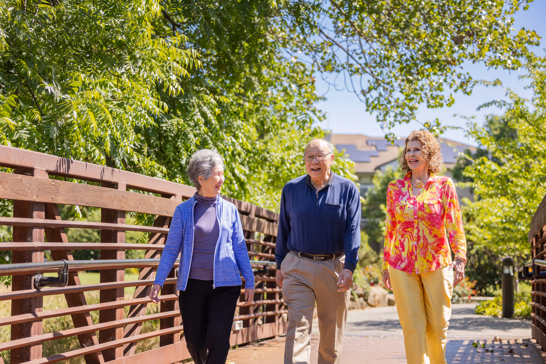 Three seniors walking and chatting on a sunny wooden bridge surrounded by green trees.