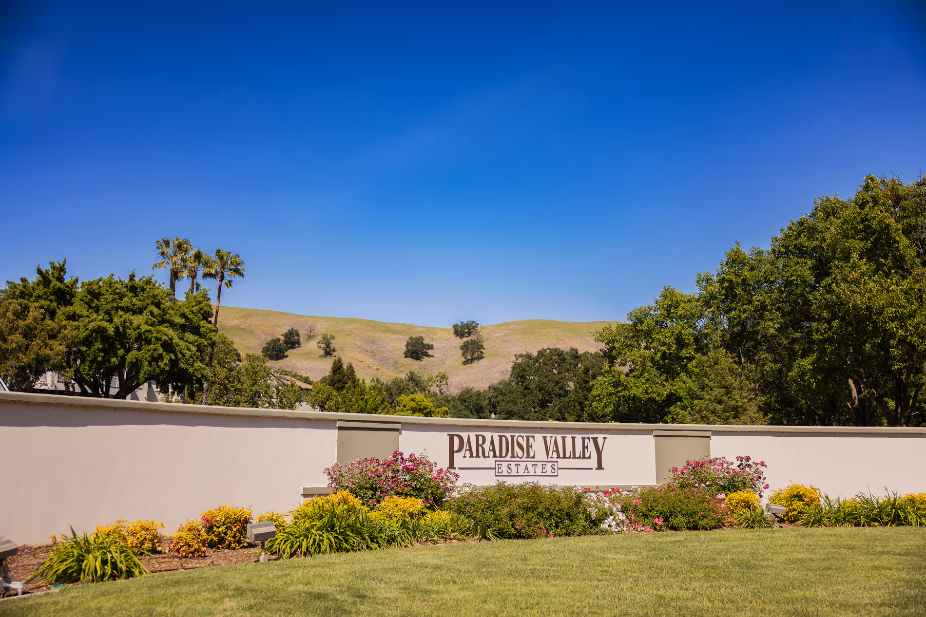Sign reading 'Paradise Valley Estates' on a white wall with flowers and trees under a clear blue sky.