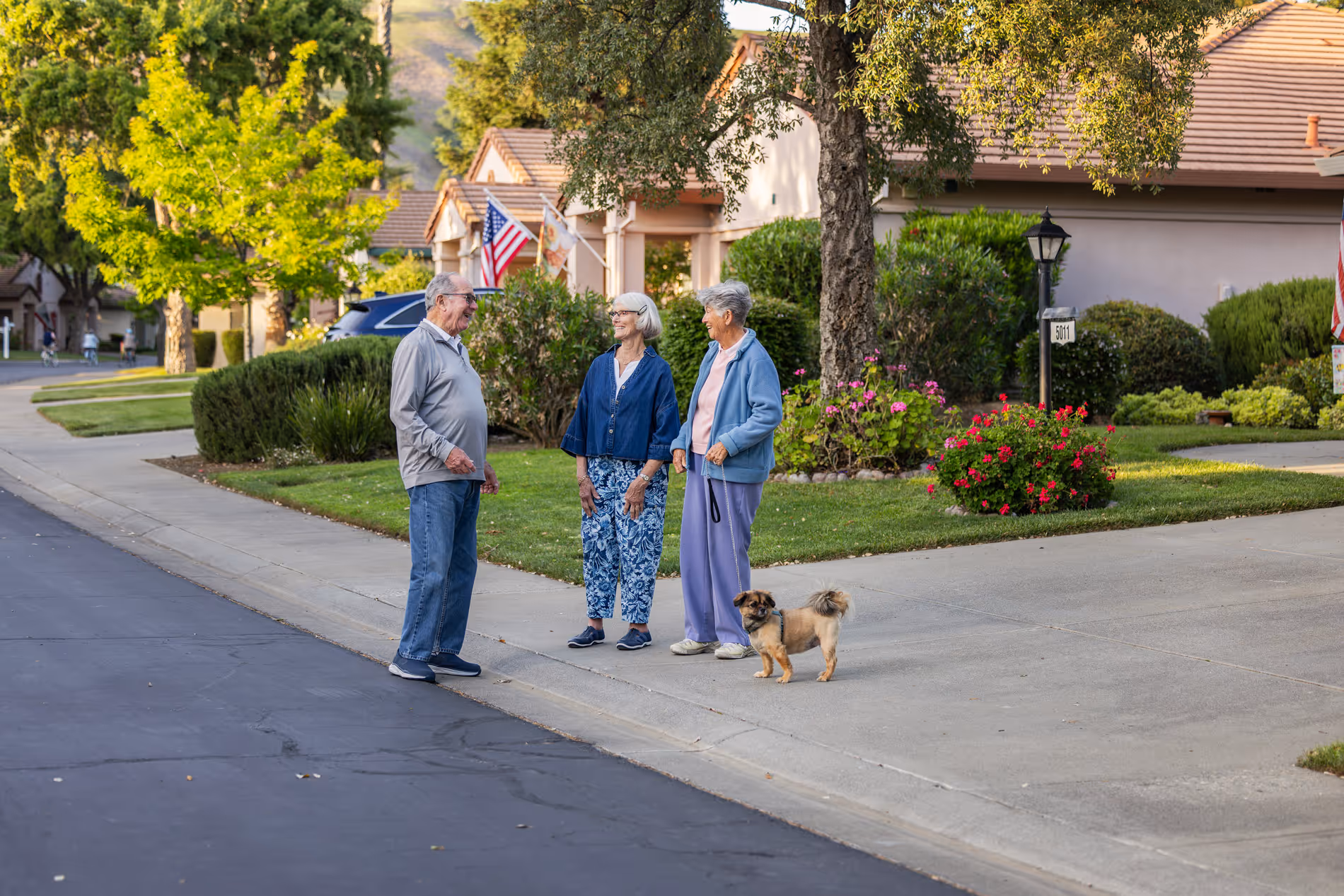 Three elderly people talking on a sidewalk in a suburban neighborhood with a small dog on a leash.