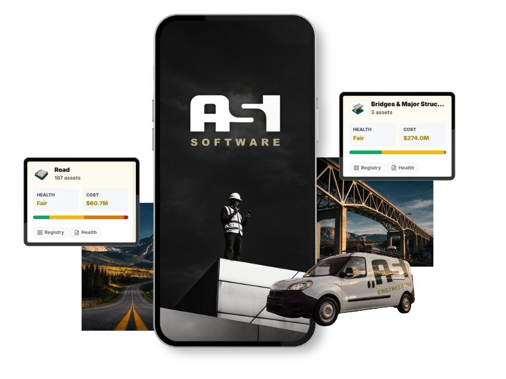 ASI Software mobile app with asset registry cards for roads and bridges