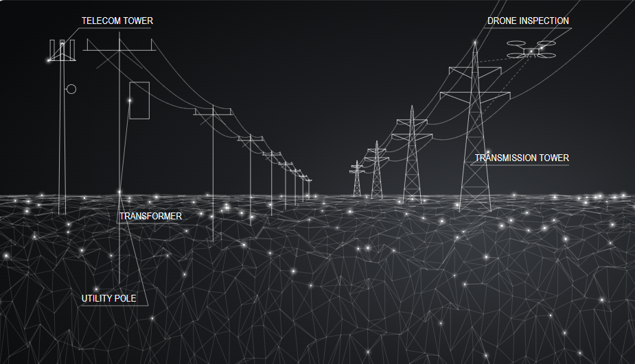 Line illustration of utility infrastructure including transmission towers, utility poles, transformers, a telecom tower and drone inspection