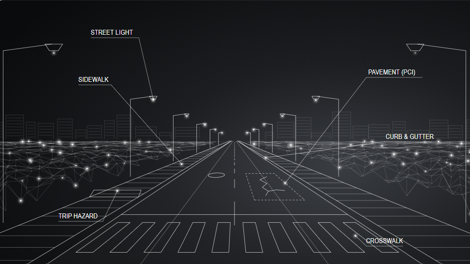 Line illustration of transportation infrastructure including pavement, sidewalks, street lights, curb and gutter, crosswalks and trip hazards