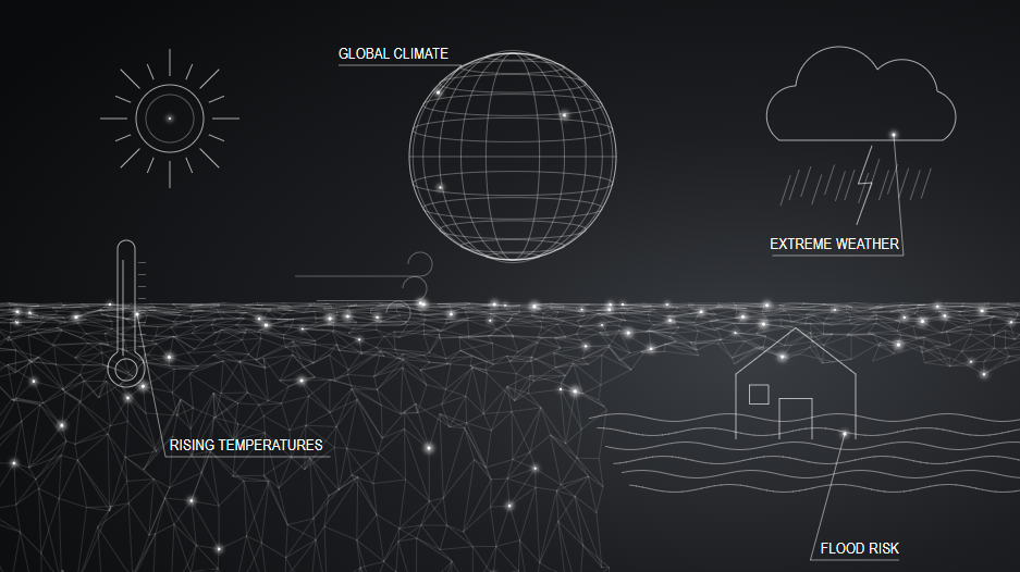 Line illustration of climate risks including rising temperatures, extreme weather and flood risk across a connected infrastructure network