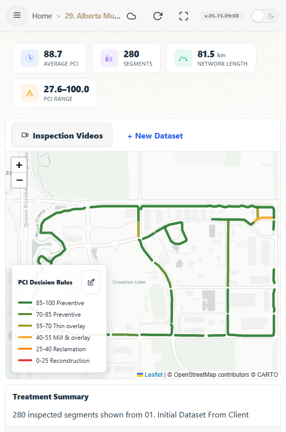 The ASI Software platform unifies data acquisition, AI-based condition assessment, and maintenance planning within an innovative, GIS-based interactive dashboard.