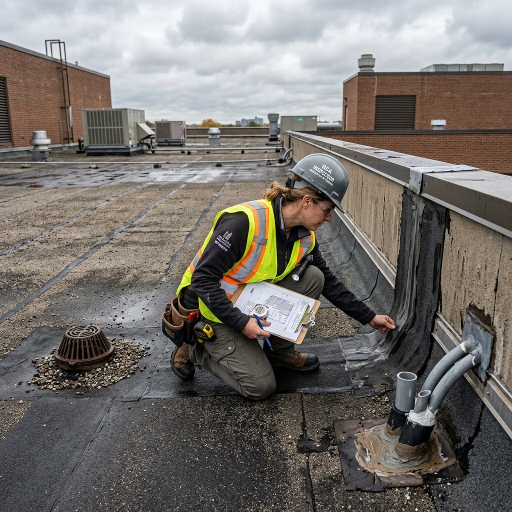 Roof assembly review for drainage, seams, and wear.