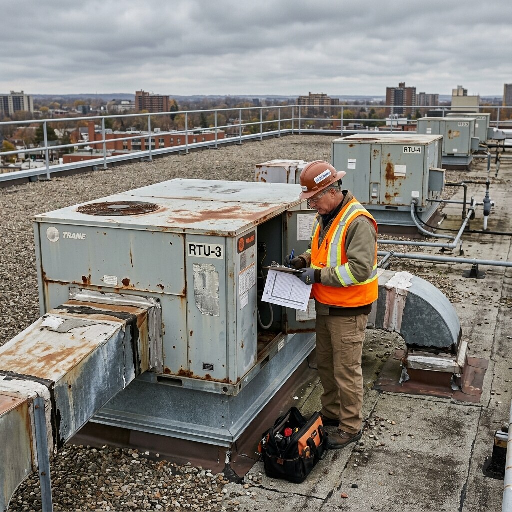 Roof assembly review for drainage, seams, and wear.