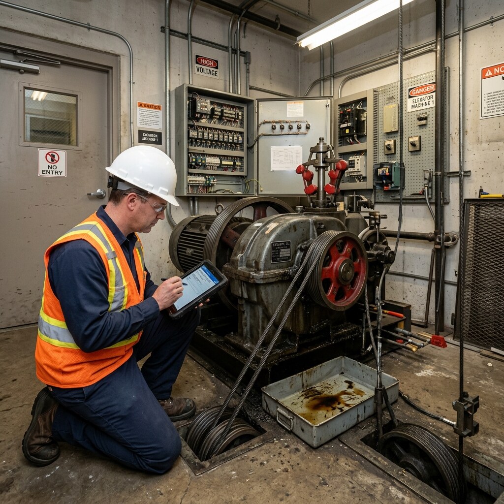 Elevator equipment review for age, access, and condition.