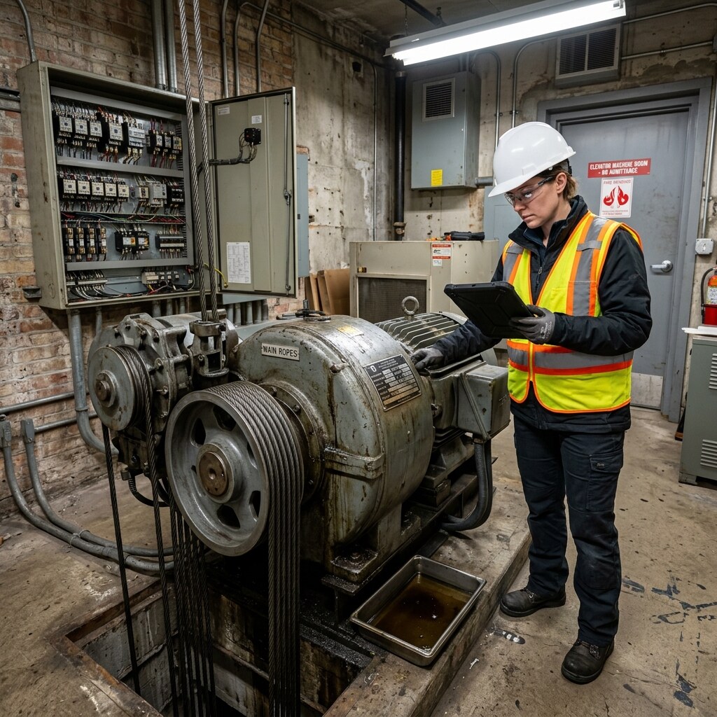 Elevator equipment review for age, access, and condition.