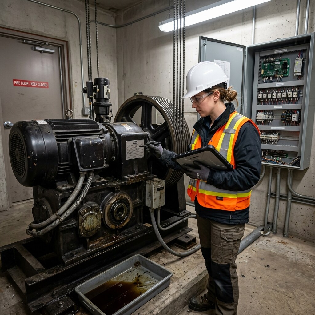 Elevator equipment review for age, access, and condition.