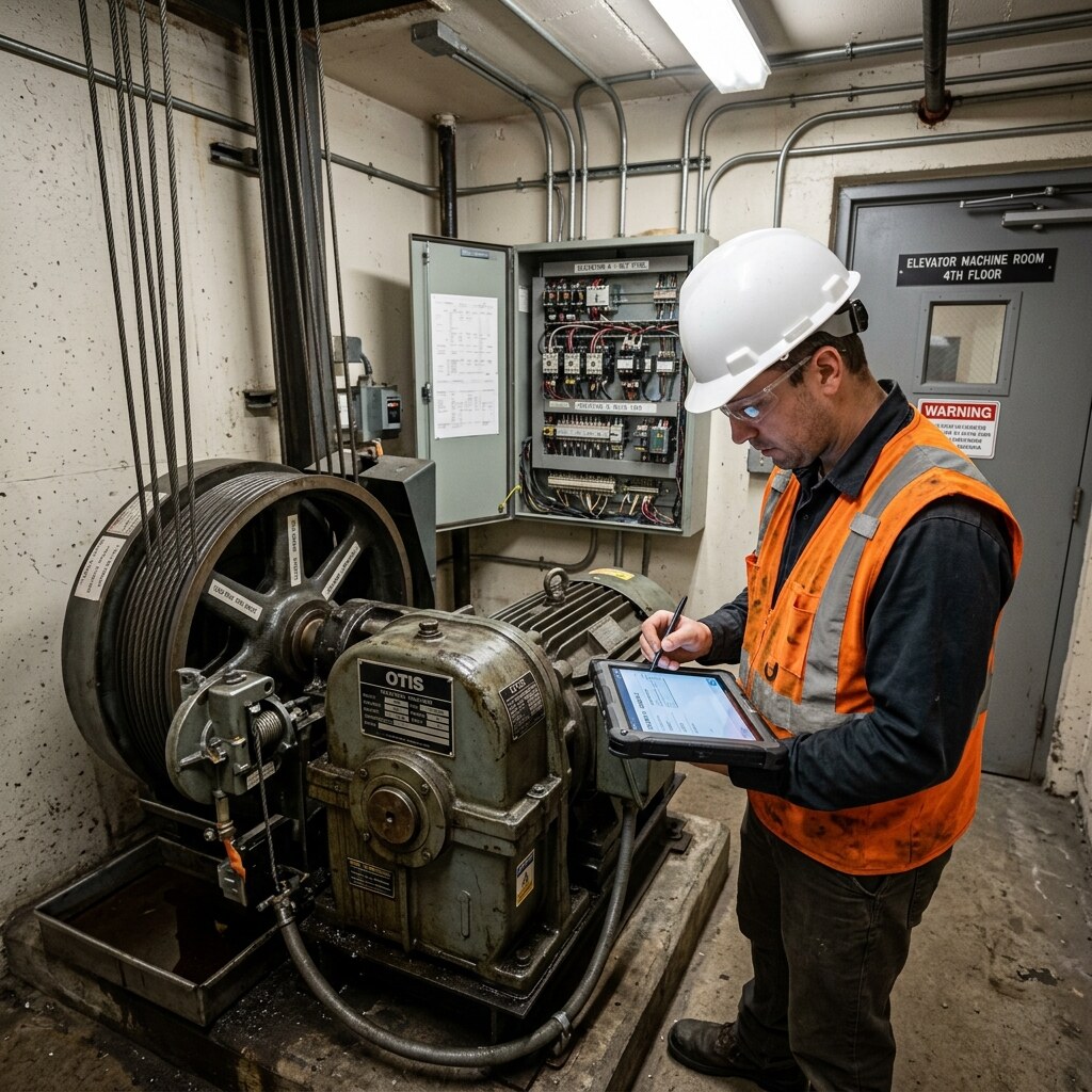 Elevator equipment review for age, access, and condition.