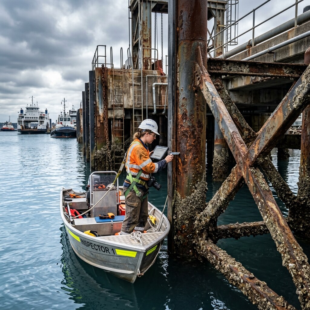 Piling inspection for marine exposure and section condition.