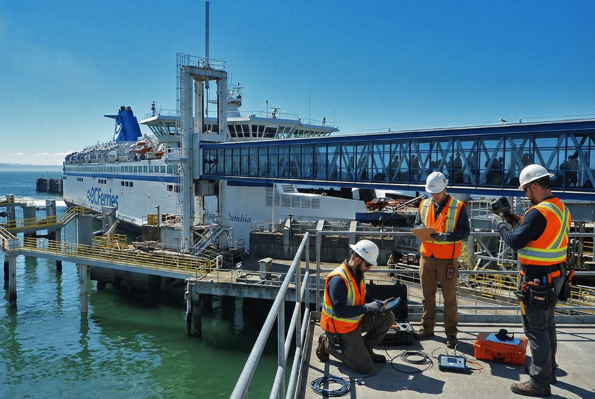 Berth deck testing near vessel loading infrastructure.