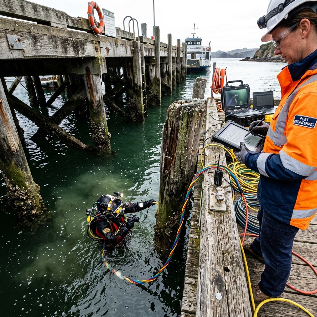 Underwater inspection for submerged defects and marine wear.