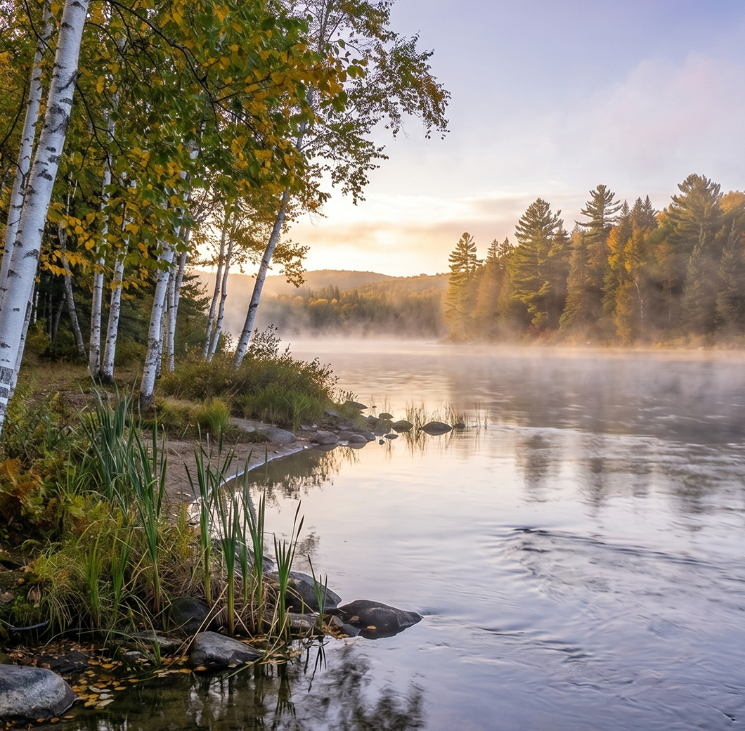 Birch trees along a misty river at sunrise