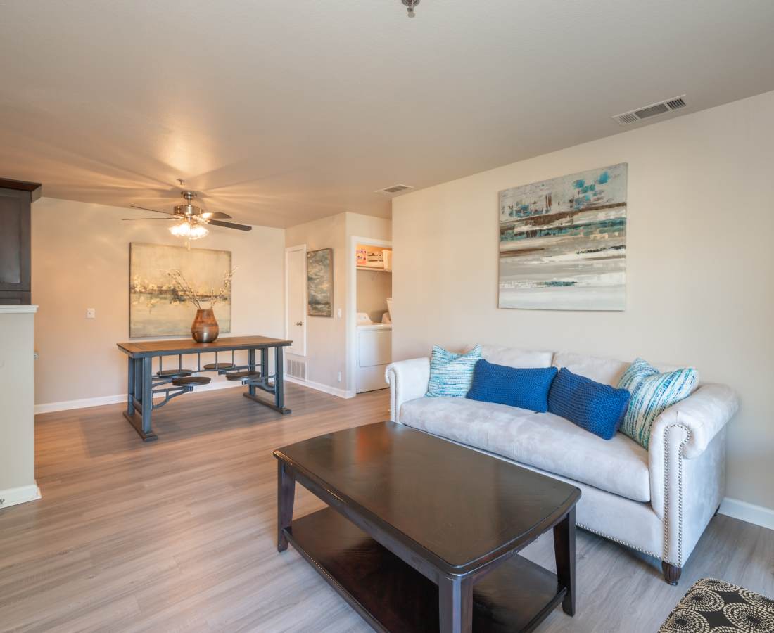 Living area with coffee table and sofa