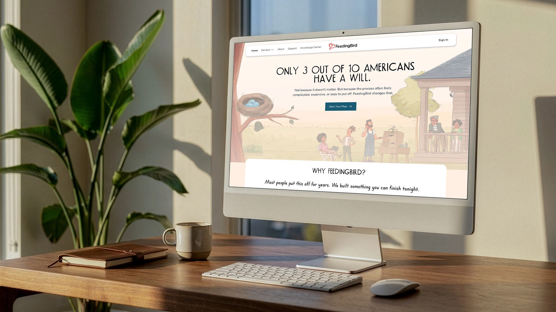 Desktop monitor showing the FeedingBird website home page
