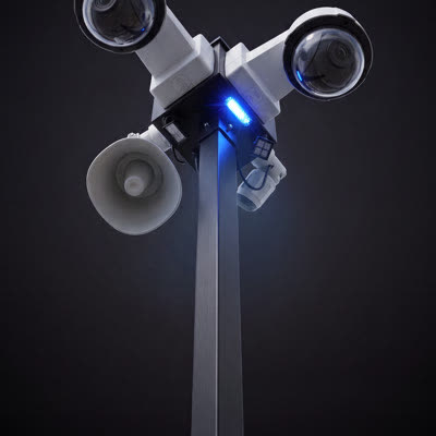 A camera head on its mast, shot in a studio.