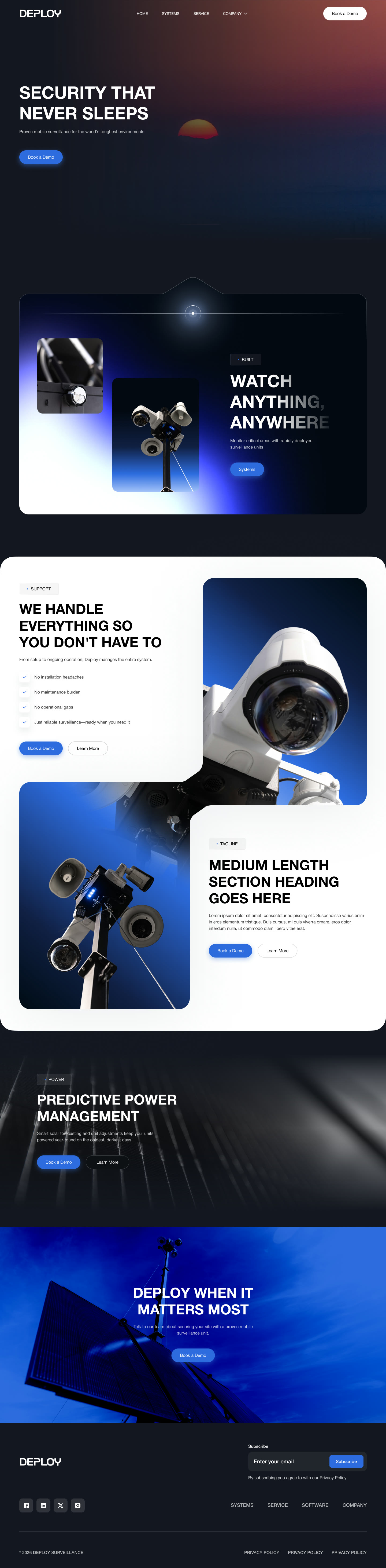 Round one, the full home page: a dark, blue-toned layout that opens with the headline Security that never sleeps and runs down through the product, the features and a closing call to action.