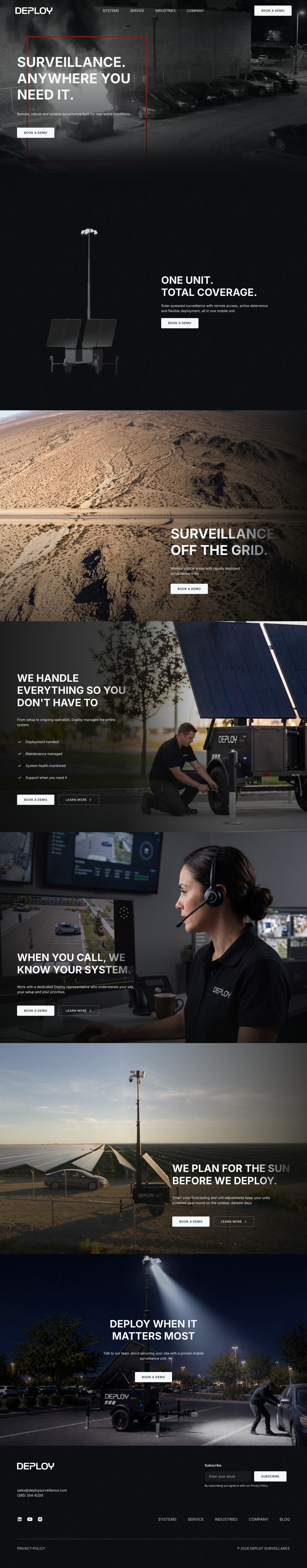 Round three, the final home page as it is live today: full-width photographic sections from the Surveillance, anywhere you need it hero down to the Deploy when it matters most call to action.