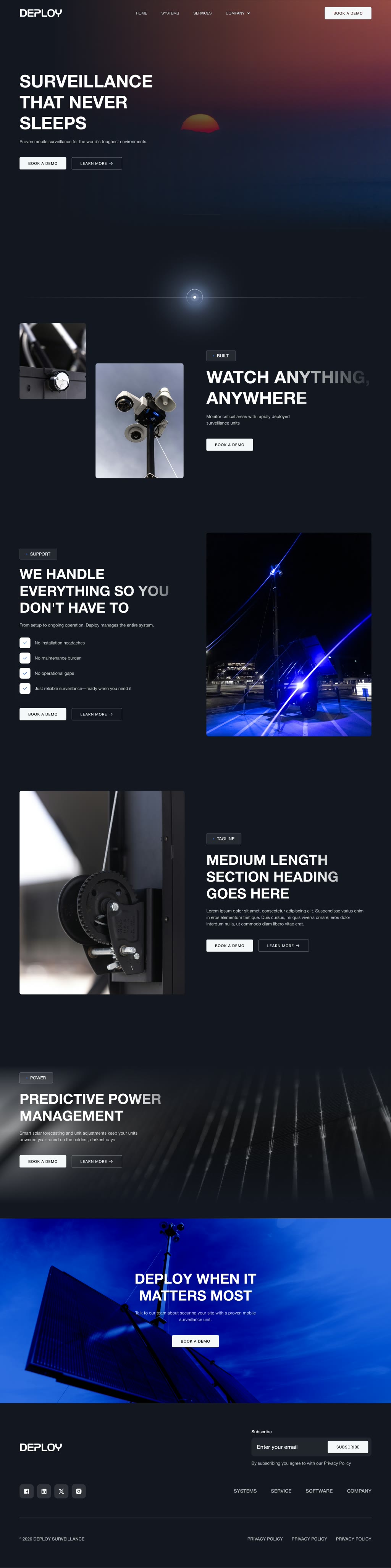 Round two, the full home page: a dark page with a sunset hero that reads Surveillance that never sleeps, followed by tall, full-width sections for the product, support, power and a closing call to action.