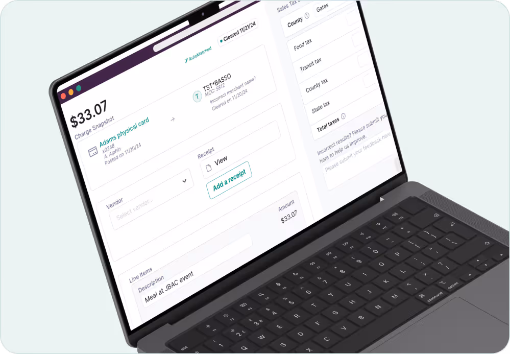 Laptop screen showing an expense tracker with a $33.07 charge for a meal at JBAC event and receipt options.