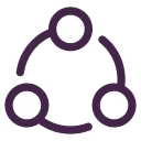 Three connected dark purple circles forming a triangular network icon on white background.