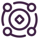 Abstract purple icon with central diamond shape connected to four outer circles in orbit-like design.