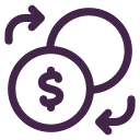 Icon of two overlapping coins with a dollar sign and arrows indicating currency exchange.