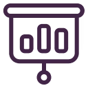 Presentation board icon with three vertical bar graphs in purple.