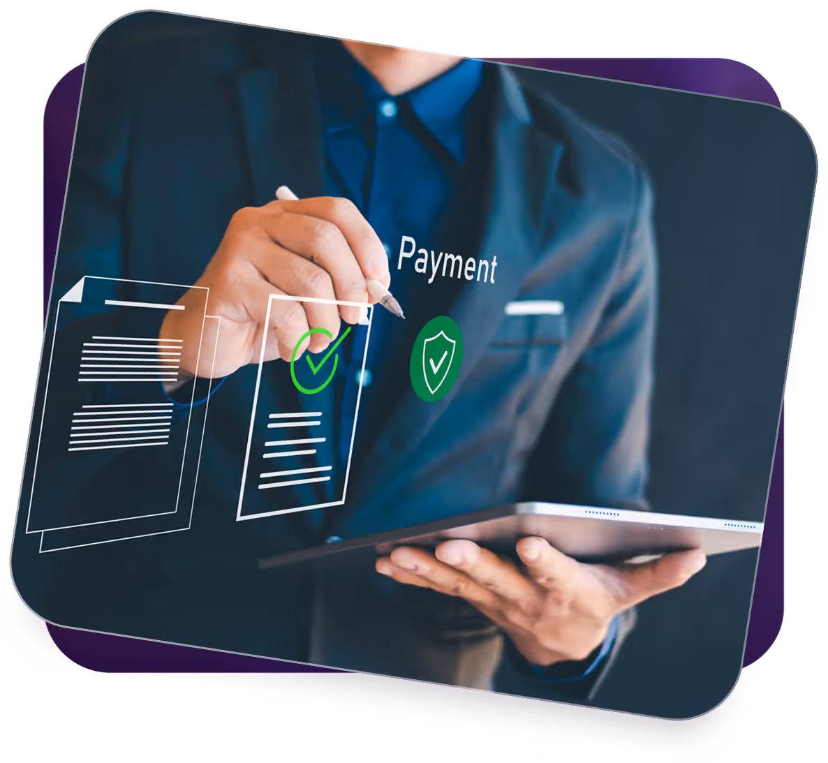Businessman holding tablet and marking a document with green checkmarks under the word Payment.