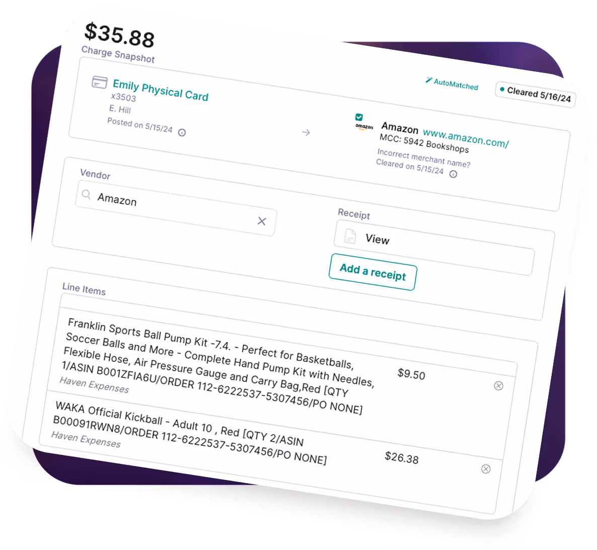 Business expense tracking showing $35.88 charge on Emily's card for Amazon items including sports ball pump and kickball.