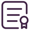 Icon of a document with text lines and a ribbon seal on the right side.