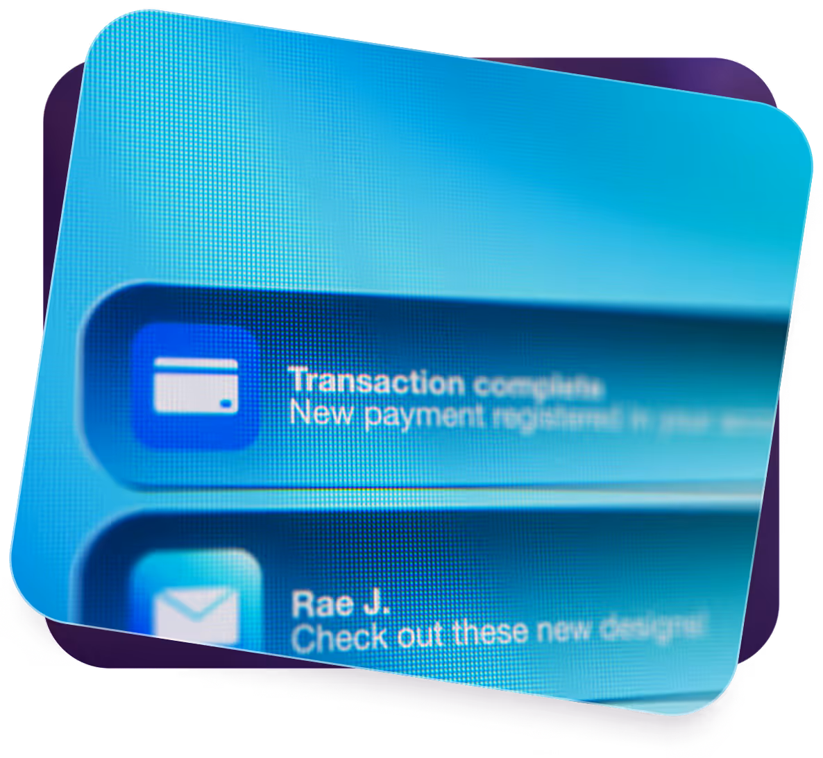 Close-up of a blue screen showing a transaction completed notification with a credit card icon.