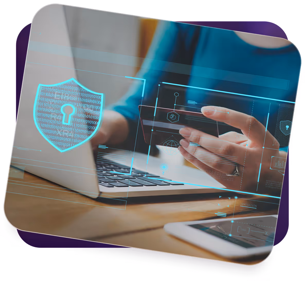 Person holding credit card near laptop with digital security shield and data overlays.