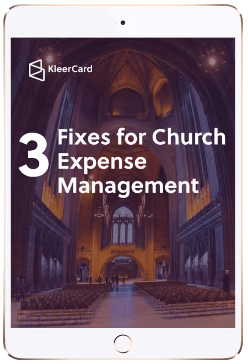 Tablet screen showing KleerCard guide titled '3 Fixes for Church Expense Management' over cathedral interior.