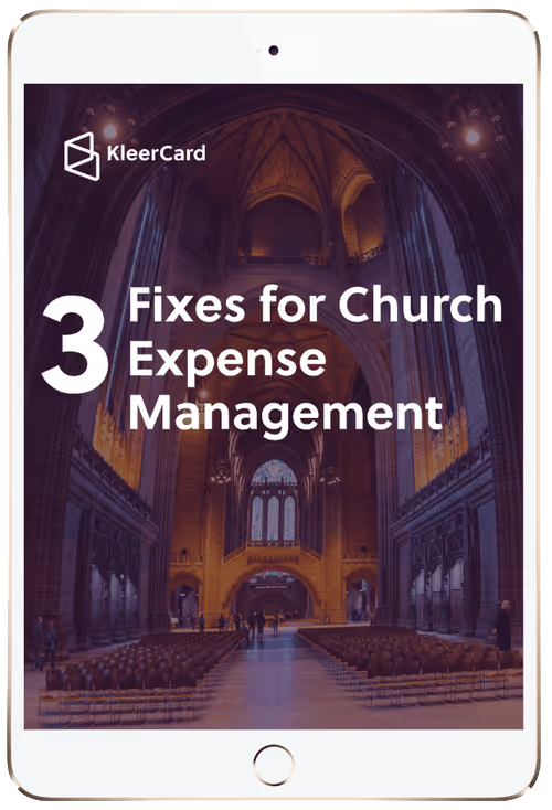 Tablet screen showing KleerCard guide titled '3 Fixes for Church Expense Management' over cathedral interior.