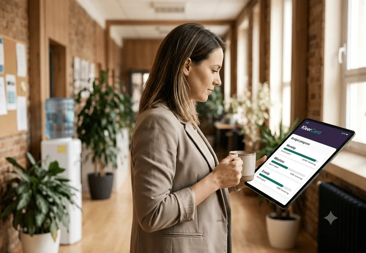 Woman in office holding coffee and tablet showing KleerCard budget progress bars.