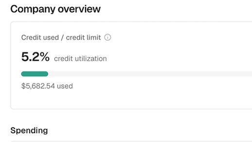Company overview in the KleerCard app showing 5.2% credit utilization with $5,682.54 used of credit limit.