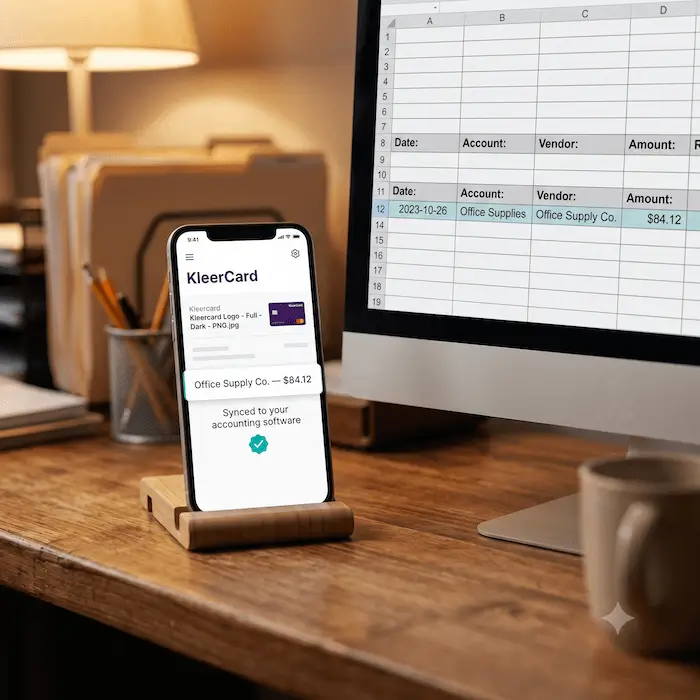 Smartphone on a desk shows KleerCard app syncing $84.12 Office Supply Co. expense with accounting software.
