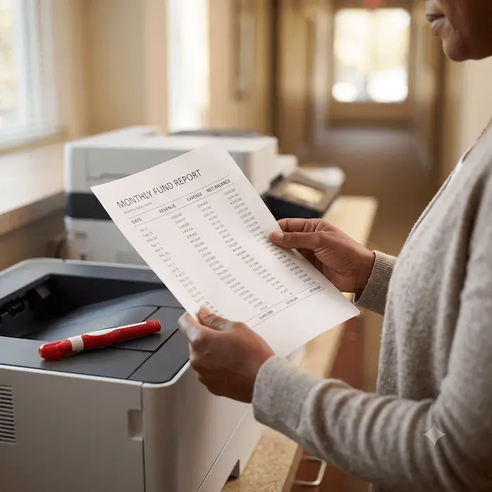 Person holding a printed monthly fund report near an office printer in a well-lit room.